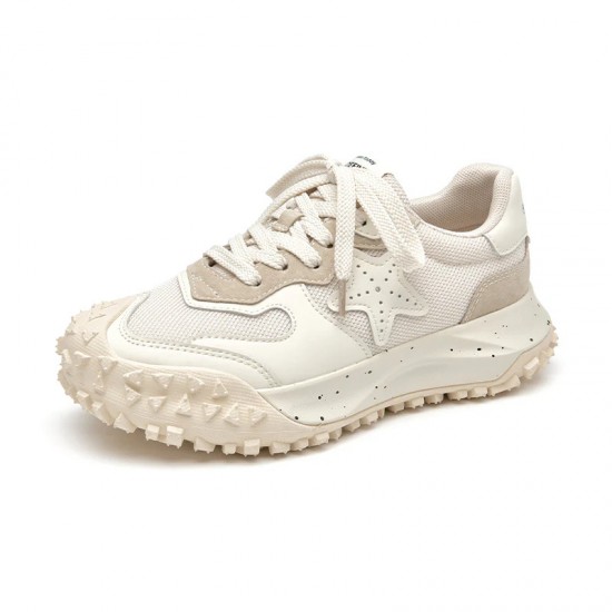 Anti-slip Breathable Lace-up Chunky Beige White Sneakers For Women