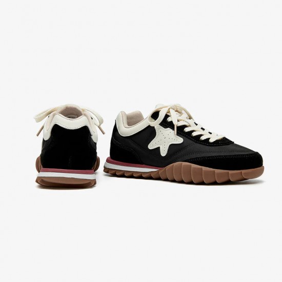 Black White Retro Patchwork Lace-up Sneakers For Women