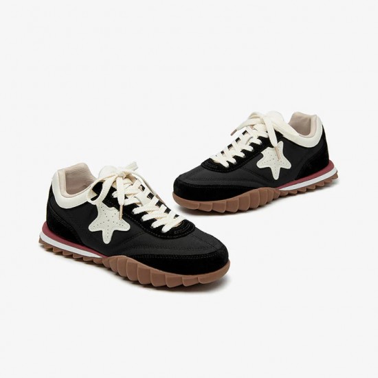 Black White Retro Patchwork Lace-up Sneakers For Women