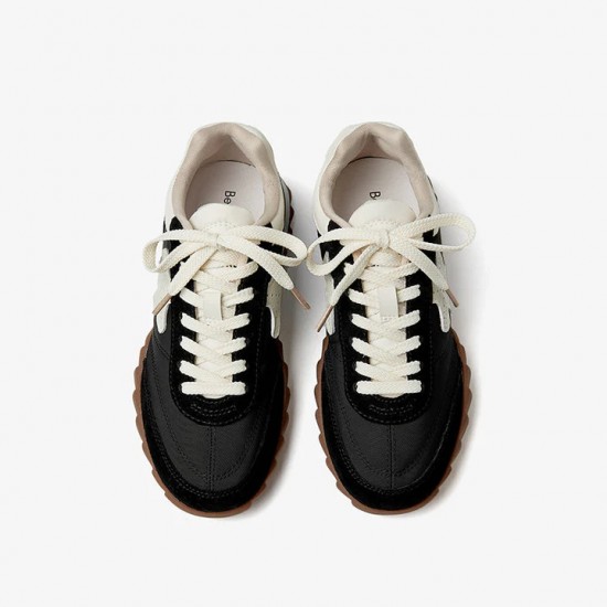 Black White Retro Patchwork Lace-up Sneakers For Women