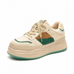 Fleece Lace Up Patchwork Chunky Green Khaki Sneaker For Women