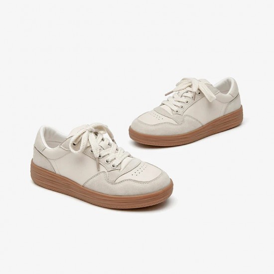 Leather Casual Breathable Upper Beige White Sneaker For Women