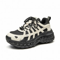 Leather and Mesh Hiking Chunky Beige Black Sneakers For Women