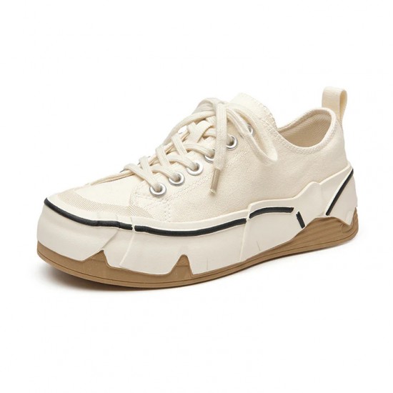 Leisure Canvas Beige Black Sneakers For Women