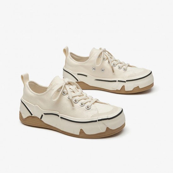 Leisure Canvas Beige Black Sneakers For Women