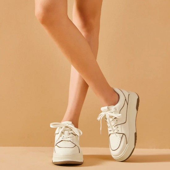 Leisure Platform White Brown Sneakers For Women