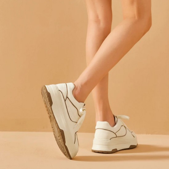 Leisure Platform White Brown Sneakers For Women