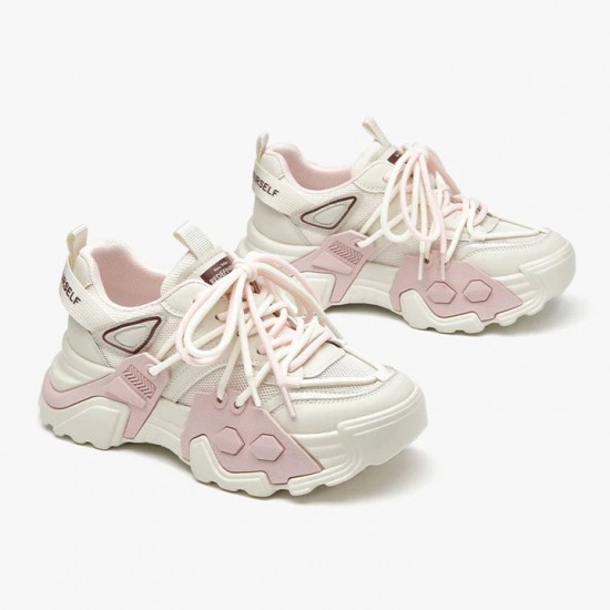 Mesh Patchwork Chunky White Pink Sneakers For Women