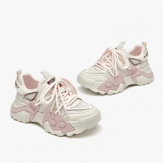 Mesh Patchwork Chunky White Pink Sneakers For Women