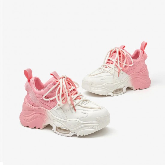 Mixed Color Mesh Casual Chunky Pink White Sneakers For Women