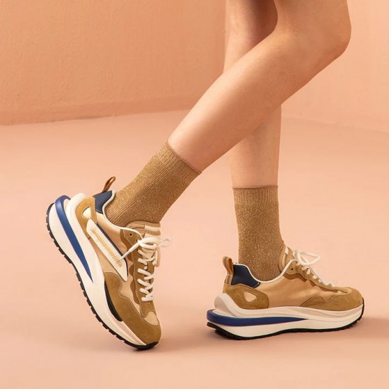 Mixed Colors Waffle Chunky Brown Blue Khaki Sneakers For Women