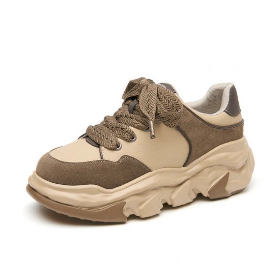 Patchwork Casual Lace Up Chunky Brown Khaki Sneakers For Women