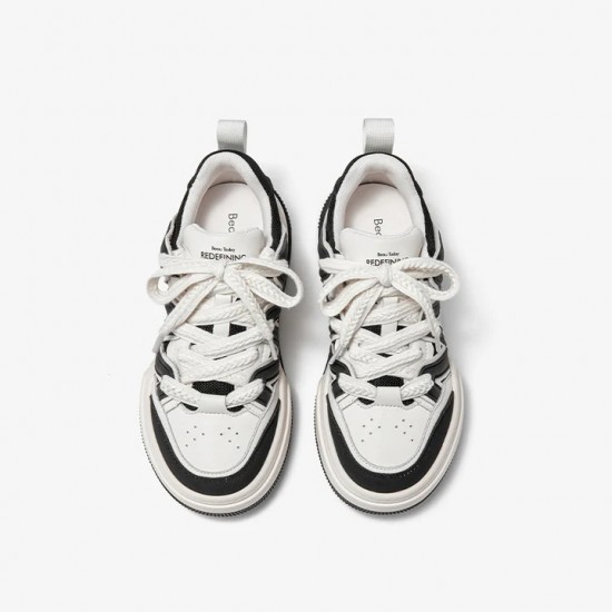 Round Toe Lace-up White Black Sneakers For Women