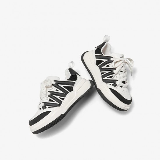 Round Toe Lace-up White Black Sneakers For Women