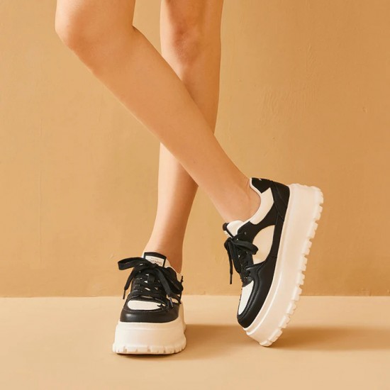 Round Toe Lightweight Platform Black White Sneaker For Women