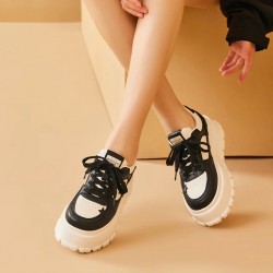 Round Toe Lightweight Platform Black White Sneaker For Women