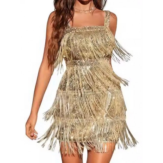 Tassel Sequined Strap Cocktail Silver Dress 